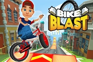 Chlapec na kole provádí kaskadérský skok ve městě s červenou kšiltovkou a nápisem Bike Blast