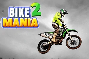Motorkář v zelené přilbě a oblečení skáče na motorce na šedém pozadí s nápisem Bike Mania 2