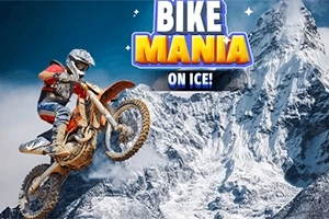 Motorkář skáče na motorce před zasněženou horou s nápisem BIKE MANIA ON ICE