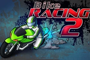 Motorkář v zeleném a bílém jezdeckém obleku na sportovní motorce před textem Bike Racing 2