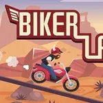 Muž na motorce s helmou a brýlemi jede po nerovné cestě v pouštní krajině s nápisem Biker Lane nahoře