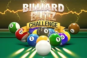 Barevné kulečníkové koule na stole s nápisem BILLIARD BLITZ CHALLENGE a efekty blesků na pozadí