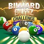 Barevné kulečníkové koule na stole s nápisem BILLIARD BLITZ CHALLENGE a efekty blesků na pozadí