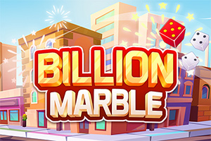 Velký nápis „Billion Marble“ v popředí s kostkami a městem v pozadí