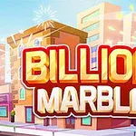 Velký nápis „Billion Marble“ v popředí s kostkami a městem v pozadí