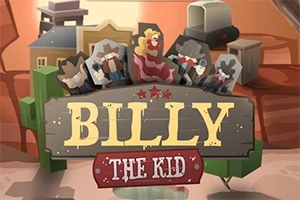 Kreslené postavy v kovbojských oděvech stojí kolem dřevěné cedule s nápisem Billy the Kid na pozadí divokého západu