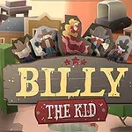 Kreslené postavy v kovbojských oděvech stojí kolem dřevěné cedule s nápisem Billy the Kid na pozadí divokého západu