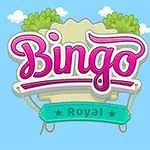 Růžový nápis Bingo s modrou stuhou s nápisem Royal v oblacích na modrém pozadí s rostlinami