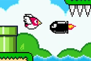Pixelovaný pták letící vedle černé střely v prostředí s potrubím, oblaky a trávou