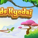 Barevná krajina s kreslenými ptáky na větvi a textem Birds Kyodai v horní části obrázku