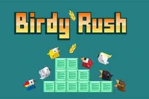Text Birdy Rush a pestrobarevné ptáky kolem zelených kostek na modrém pozadí