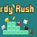 Text Birdy Rush a pestrobarevné ptáky kolem zelených kostek na modrém pozadí