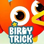 Barevný kreslený ptáček s velkýma očima a žlutým zobákem na modrém pozadí s nápisem BIRDY TRICK