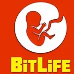 Červený a bílý obrázek zobrazující siluetu lidského embrya s nápisem BitLife ve žluté barvě