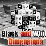 Černobílé kostky s čínskými znaky uspořádané do trojrozměrného tvaru na šachovnicovém pozadí s nápisem Black and White Dimensions