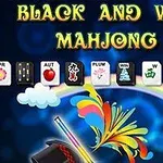 Barevný design s hracími kachlemi na tmavém pozadí a názvem Black and White Mahjong 2