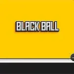 Žluté pozadí s nápisem BLACK BALL a černou koulí s očima na bílém pruhu dole