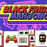 Barevná grafika s nápisem Black Friday Mahjong obsahující obrázky elektroniky, hodinek a herních ovladačů na dlaždicích