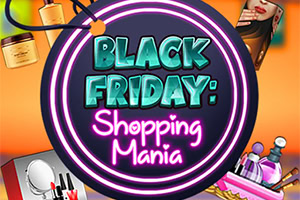 Kulatý štítek s nápisem Black Friday: Shopping Mania obklopený obrázky kosmetiky a parfémů