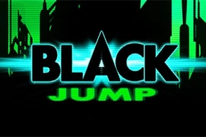 Název „Black Jump“ na pozadí s neonově zelenými a černými prvky a siluetami budov