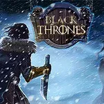 V zasněžené krajině stojí postava v kožešinovém oblečení s nožem proti temné příšerě, nad nimi je nápis „Black Thrones“