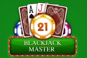 Karta s křížovým esem a červeným J na zeleném pozadí s žetony a nápisem BLACKJACK MASTER