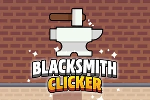Bílá kovadlina s kladivem na cihlovém pozadí s nápisem BLACKSMITH CLICKER