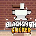 Bílá kovadlina s kladivem na cihlovém pozadí s nápisem BLACKSMITH CLICKER