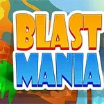 Nápis Blast Mania v barevném kresleném stylu s pozadím sopky a palem