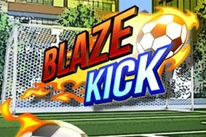Nápis Blaze Kick s hořícím fotbalovým míčem na fotbalovém hřišti