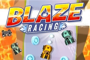 Barevné závodní autíčka na závodní dráze s názvem Blaze Racing nahoře, obklopené ohnivým pozadím