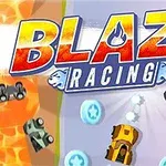 Barevné závodní autíčka na závodní dráze s názvem Blaze Racing nahoře, obklopené ohnivým pozadím