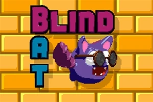 Fialový netopýr s brýlemi před cihlovou zdí, doplněný nápisem BLIND BAT