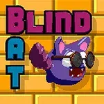 Fialový netopýr s brýlemi před cihlovou zdí, doplněný nápisem BLIND BAT