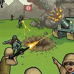 Vojáci bojují na zelené louce s tanky a dělostřeleckými zbraněmi, kulky a výbuchy všude kolem