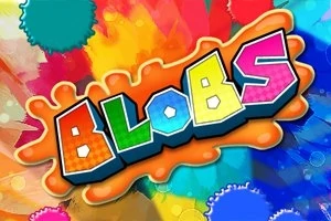 Barevný nápis BLOBS obklopený stříkanci barvy na pestrobarevném pozadí