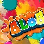 Barevný nápis BLOBS obklopený stříkanci barvy na pestrobarevném pozadí