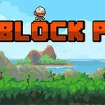 Postava s helmou stojí na velkém nápisu BLOCK PILE před krajinou s horami a zelení