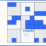 Modro-bílý mřížkový vzor s nápisem COMBO +64 ve středu