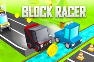 Dva stylizované blokové vozy na silnici s mincemi a kužely, s názvem Block Racer nahoře