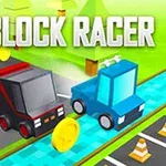 Dva stylizované blokové vozy na silnici s mincemi a kužely, s názvem Block Racer nahoře