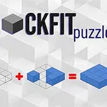 Nápis Blockfit puzzler s obrázky modrých bloků a matematickým příkladem na bílém geometrickém pozadí