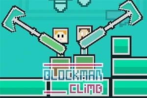 Dva pixely lidé s krumpáči v rukou stojící na pixelové plošině na tyrkysovém pozadí s nápisem BLOCKMAN CLIMB