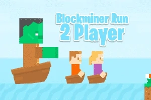 Dva lidé na lodičkách a zelený tvor na loďce plují po vodě s nápisem Blockminer Run 2 Player v pozadí