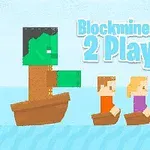 Dva lidé na lodičkách a zelený tvor na loďce plují po vodě s nápisem Blockminer Run 2 Player v pozadí