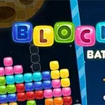 Barevné bloky sestavené do formací na tmavém pozadí s kosmonautem a nápisem BLOCKS BATTLE