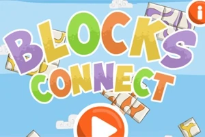 Barevný nápis BLOCKS CONNECT na modrém pozadí s obrázky skládaných bloků a oranžovým tlačítkem pro spuštění