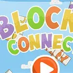 Barevný nápis BLOCKS CONNECT na modrém pozadí s obrázky skládaných bloků a oranžovým tlačítkem pro spuštění