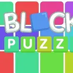 Barevné bloky s nápisem BLOCKS PUZZLE na světlém pozadí
