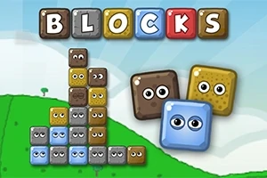 Barevné bloky s očima na zeleném kopci pod modrou oblohou